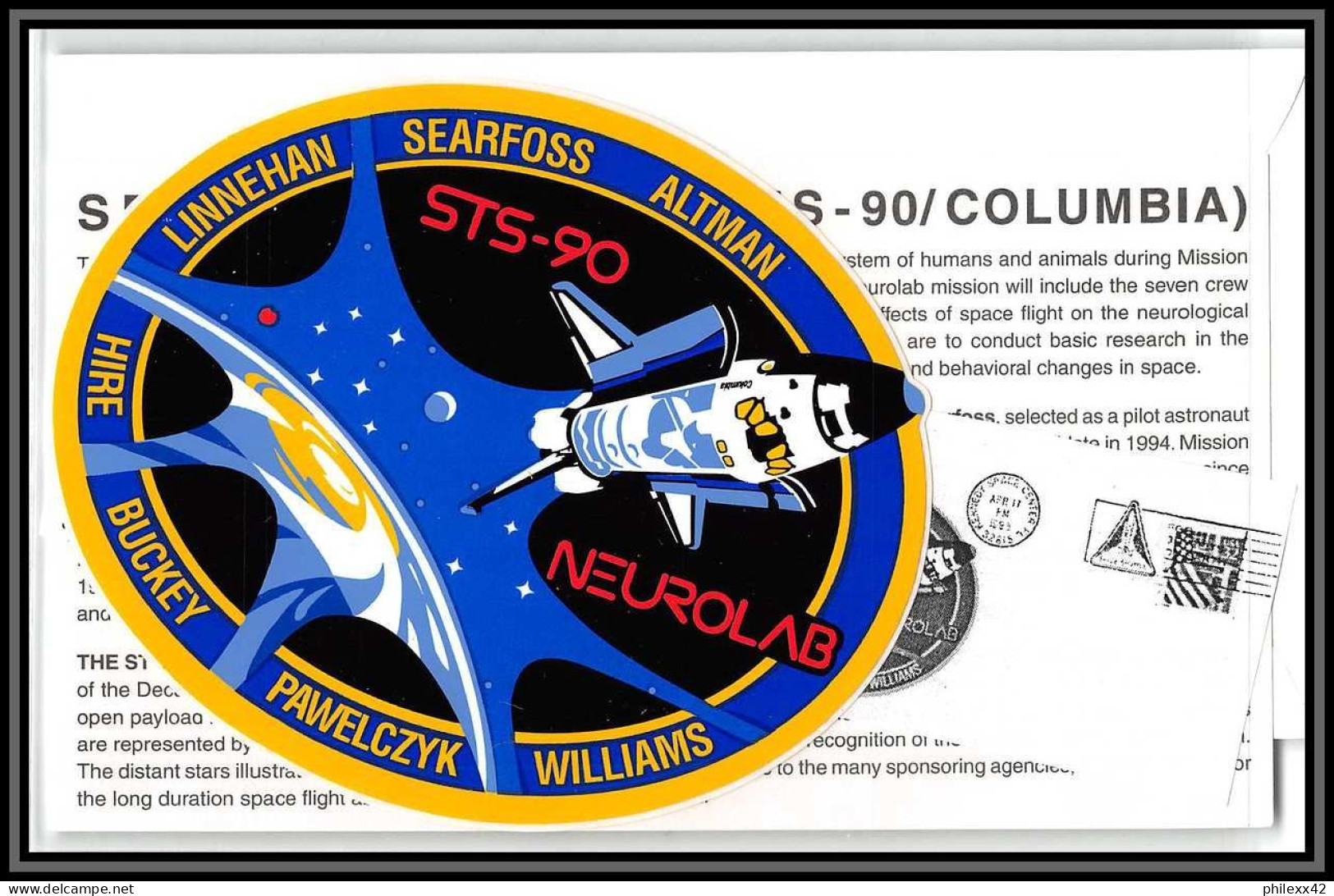 2986 Espace (space) Lettre (cover Briefe) USA Start Sts-90 Columbia Shuttle (navette) 17/4/1998 + Stickers (autocollant) - USA