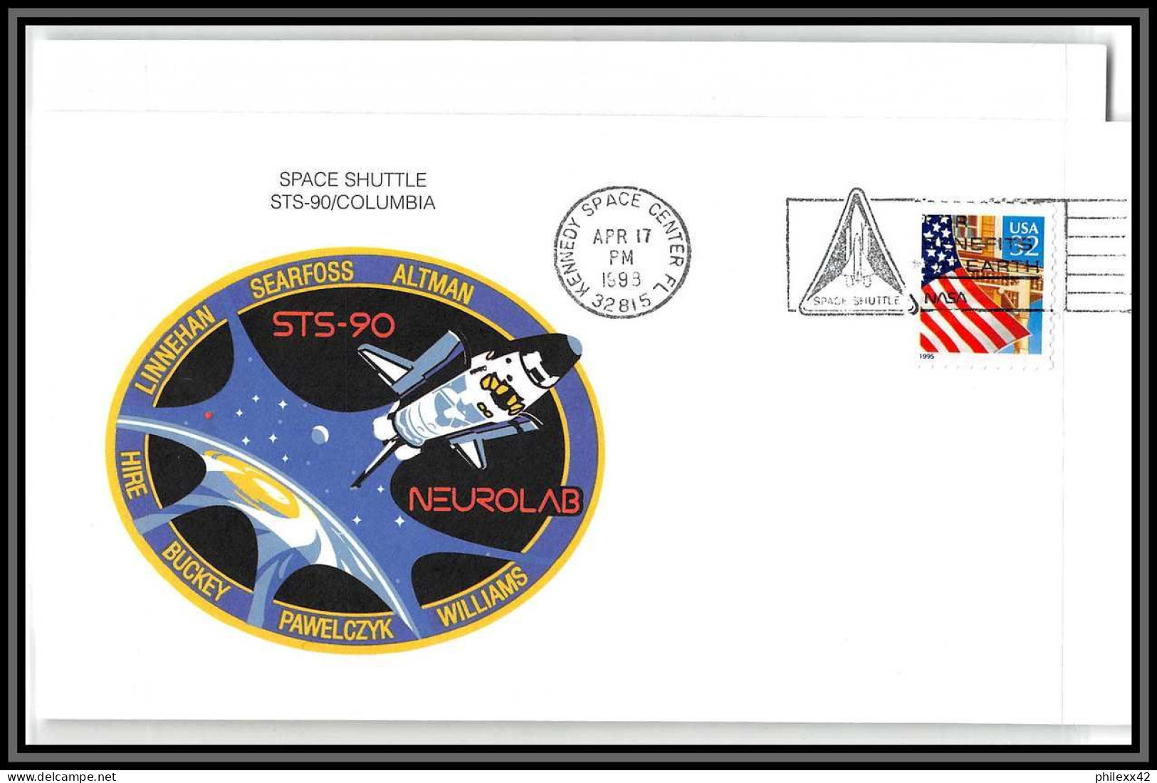 2986 Espace (space) Lettre (cover Briefe) USA Start Sts-90 Columbia Shuttle (navette) 17/4/1998 + Stickers (autocollant) - Estados Unidos