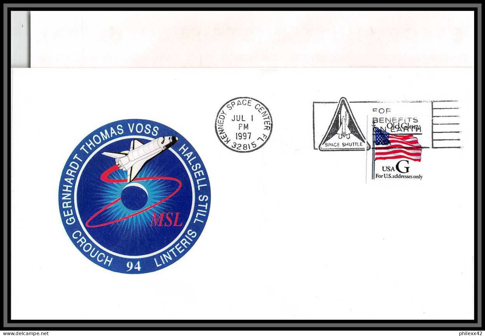 2965 Espace (space) Lettre (cover) USA Start Sts - 94 Columbia Shuttle (navette) 1/7/1997 + Stickers (autocollant) - Etats-Unis