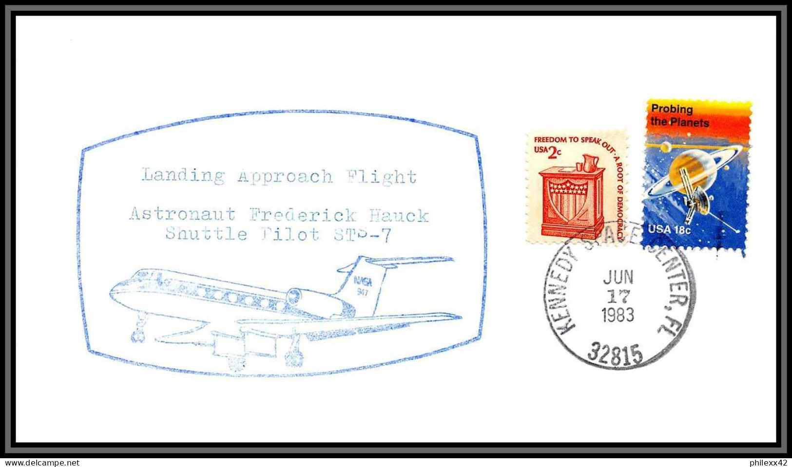 2933 Espace (space Raumfahrt) Lettre (cover) USA Landing Approach Flight Sts-7 Shuttle (navette) Challenger 17/6/1983 - Stati Uniti