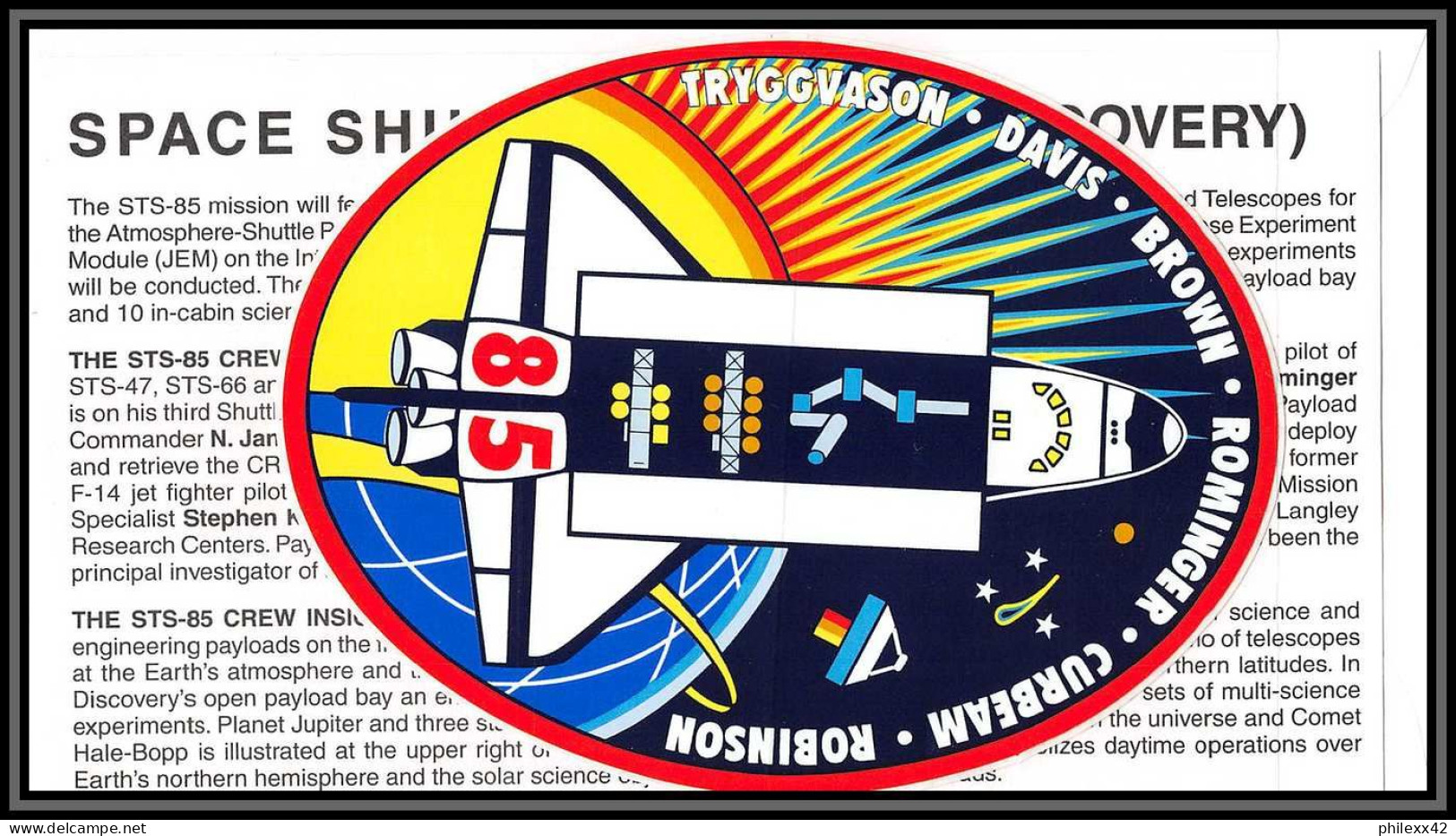 2970 Espace (space) Lettre (cover) USA Start Sts - 85 Discovery Shuttle (navette) 7/8/1997 + Stickers (autocollant) - Estados Unidos