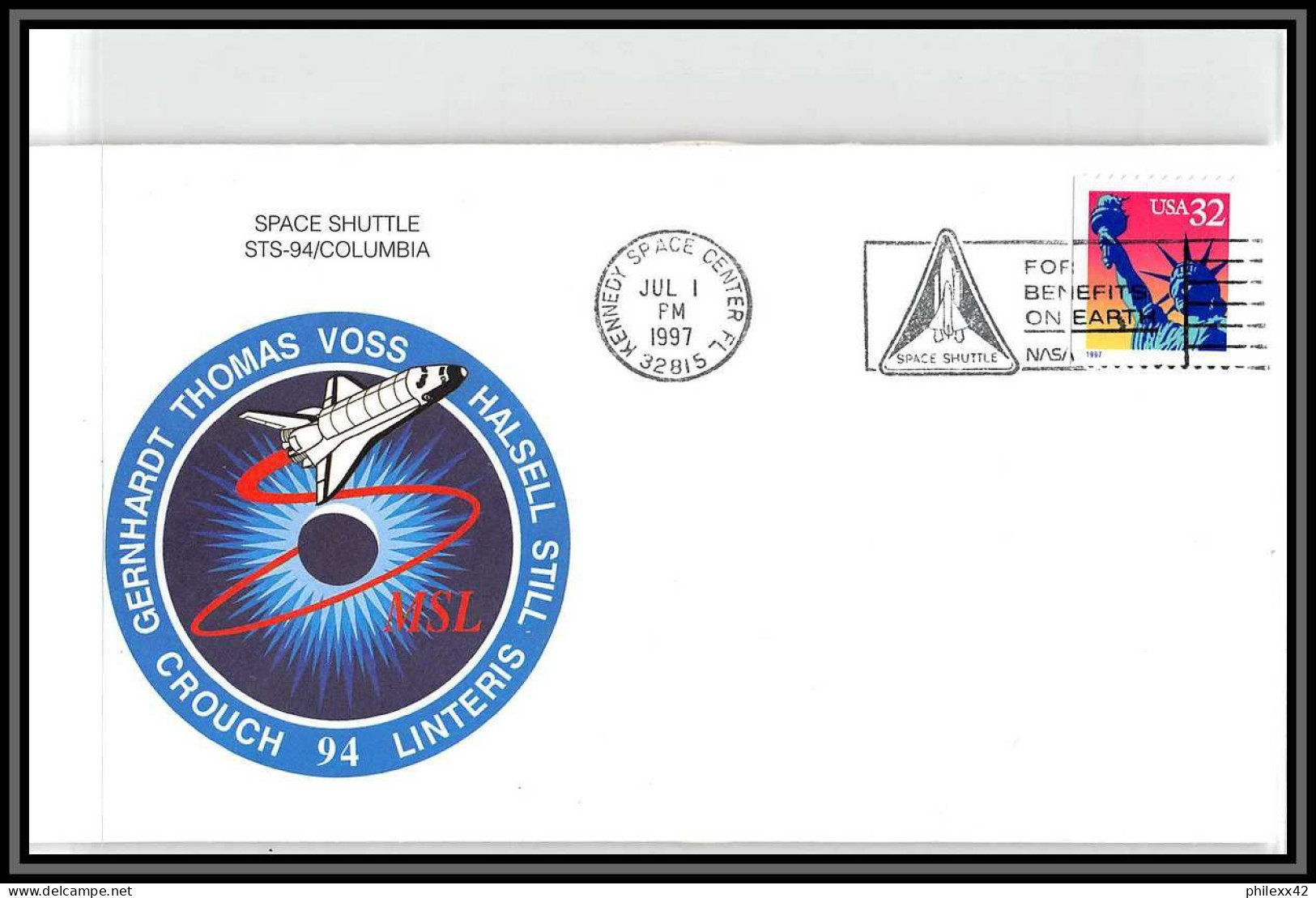 2966 Espace (space) Lettre (cover) USA Start Sts - 94 Columbia Shuttle (navette) 1/7/1997 + Stickers (autocollant) - USA