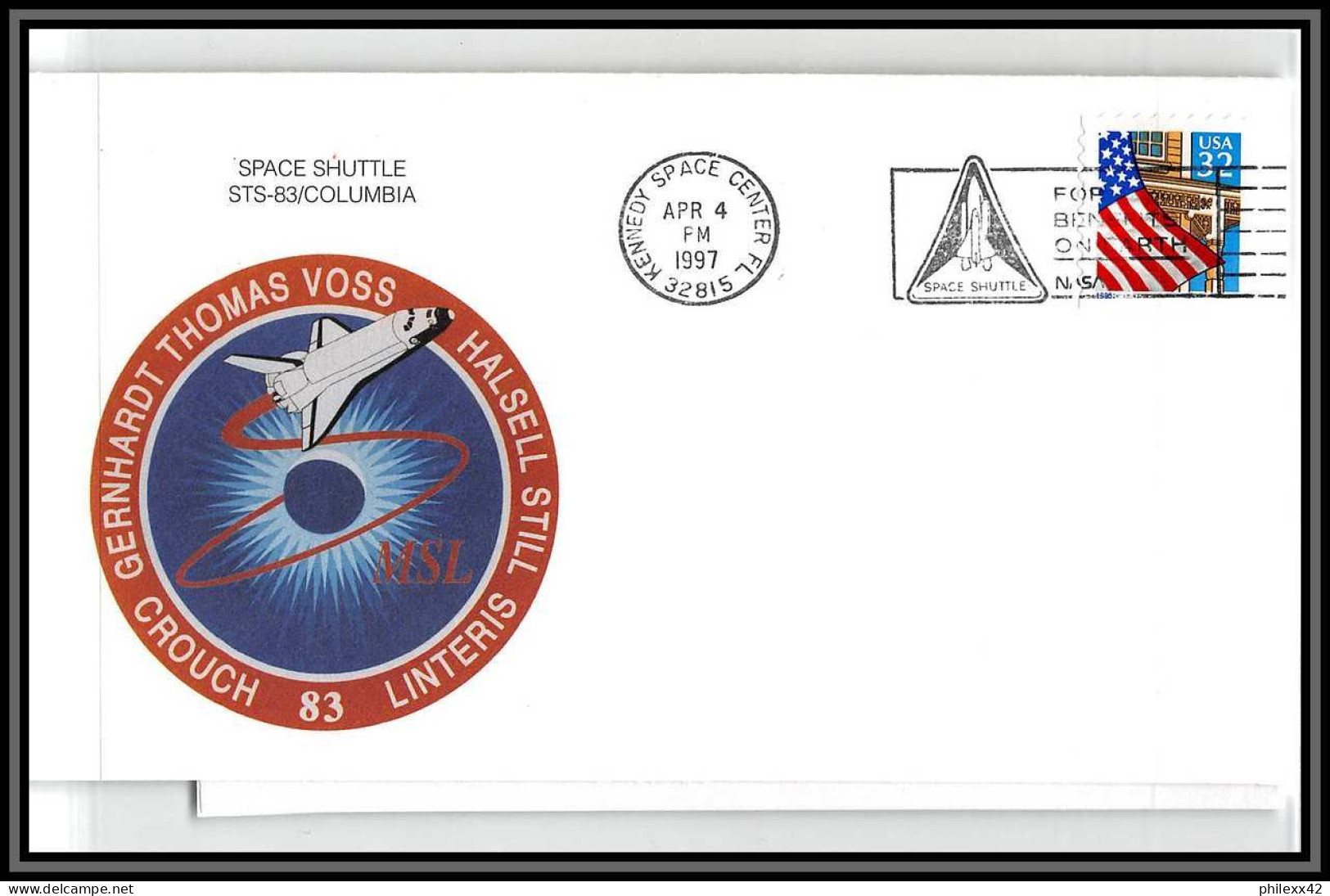 2957 Espace (space) Lettre (cover) USA Start Sts - 83 Columbia Shuttle (navette) 4/4/1997 + Stickers (autocollant) - Estados Unidos