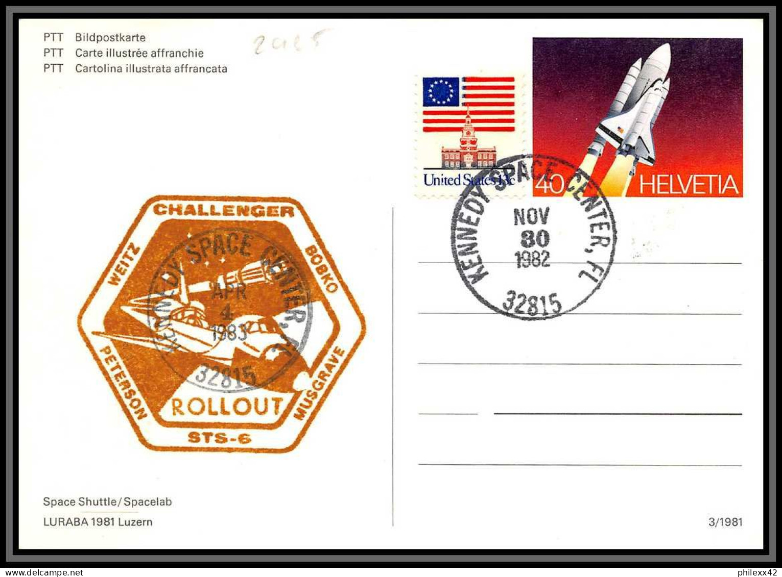 2925 Espace (space) Carte Maximum (card) Suisse (Swiss) / Usa Sts-6 Shuttle (navette) Challenger 2 Cartes 21/5/1981 - Europe