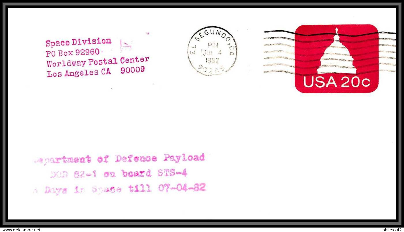 2903 Espace (space Raumfahrt) Lettre (cover Briefe) USA- Sts-4 Landing El Secundo Columbia Shuttle (navette) 4/7/1982 - United States
