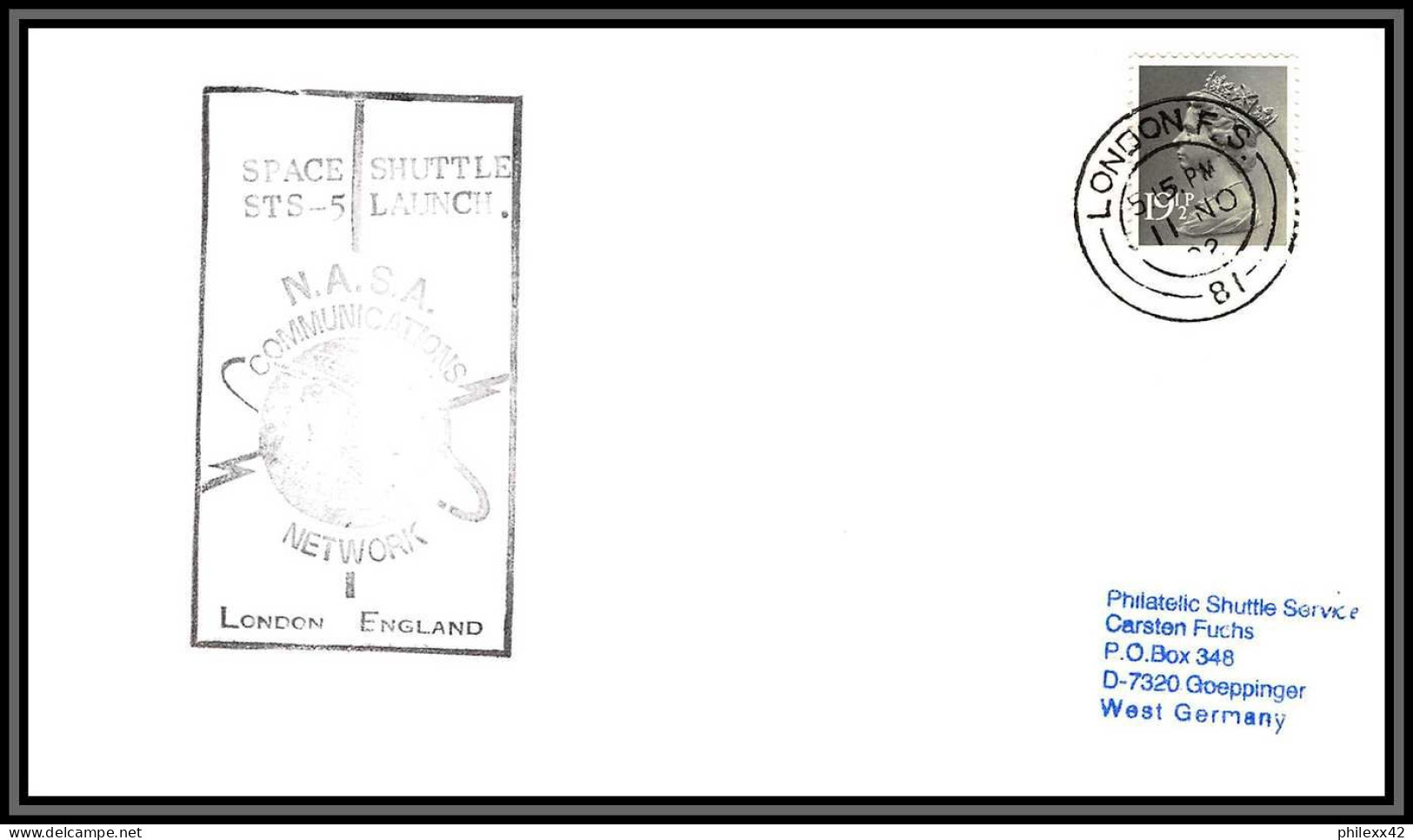 2909 Espace (space) Lettre (cover) Grande Bretagne Great Britain Start Sts-5 Columbia Shuttle (navette) 11/11/1982 - Europe