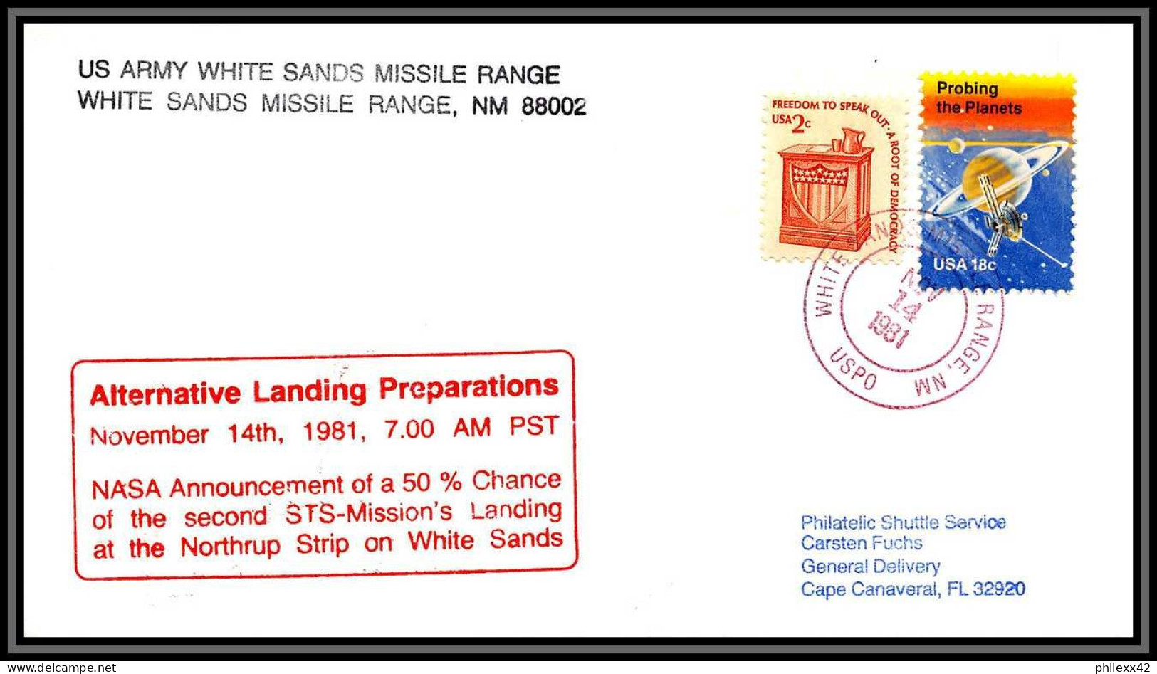 2880 Espace (space) Lettre (cover) USA Sts-2 Shuttle (navette) 14/11/1982 Landing Preparation - USA