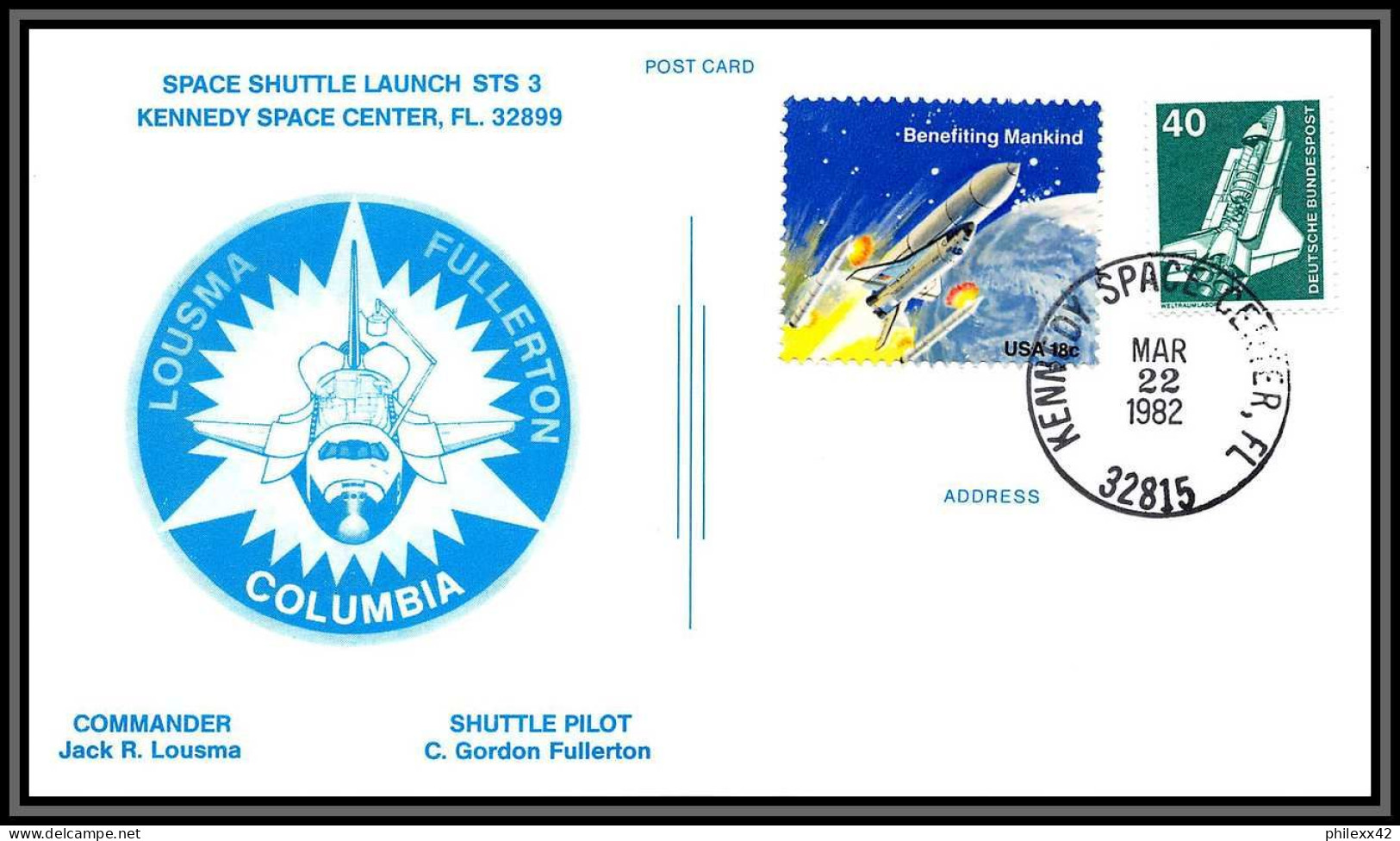 2884 Espace (space) Lettre (cover) USA / Allemagne (germany Bund) Sts-3 Columbia Shuttle (navette) 22/3/1982 Start - Etats-Unis