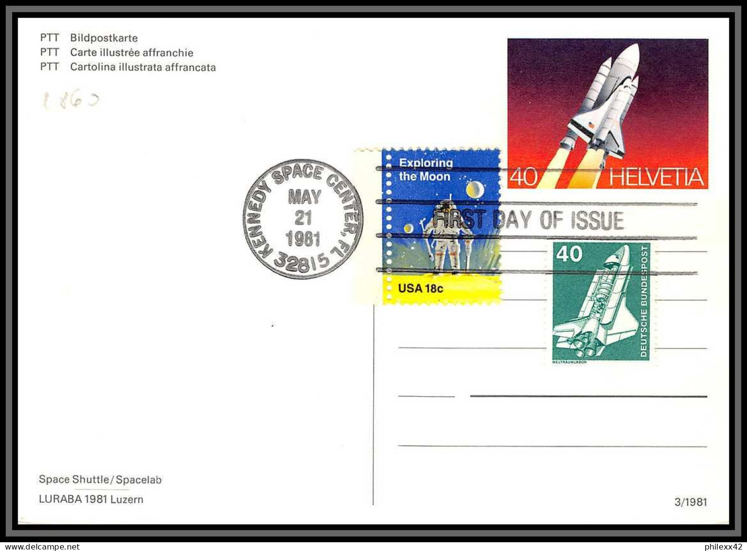 2860 Espace (space Raumfahrt) Entier Postal (Stamped Stationery) Suisse (Swiss) / Usa Spacelab 21/5/1981 Fdc Usa - Estados Unidos