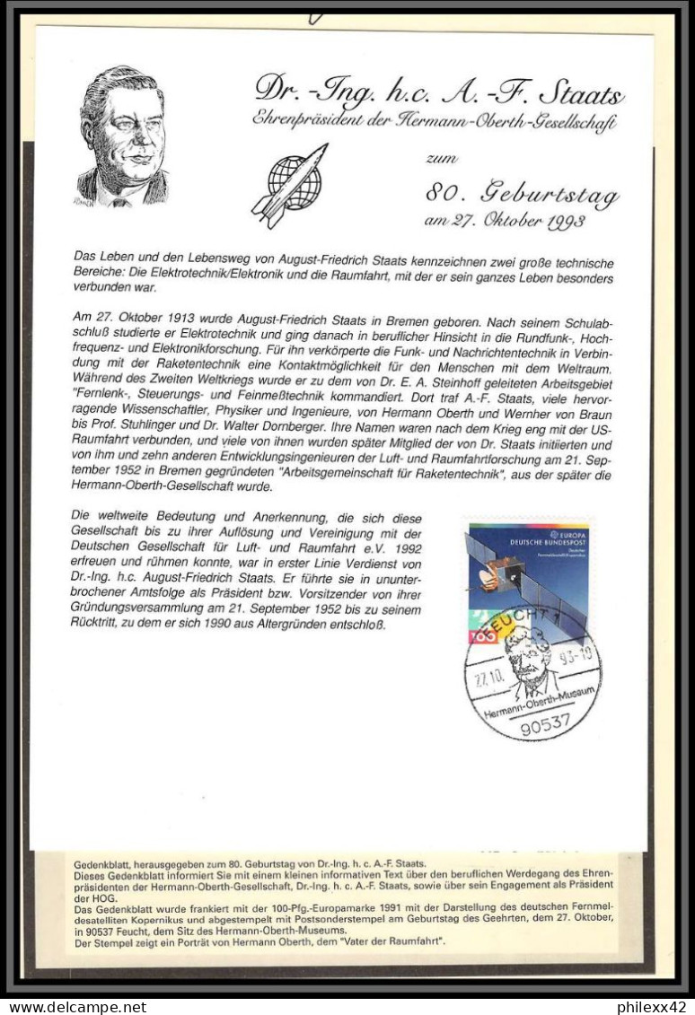2746X Espace (space Raumfahrt) Document Allemagne (germany Bund) August Friedrich Staats 17/10/1993 - Europe