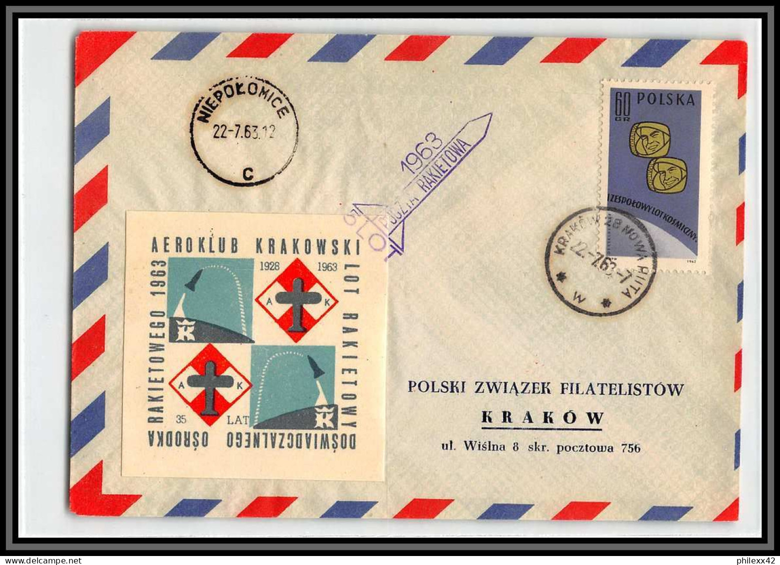 2764 Espace (space Raumfahrt) Lettre (cover Briefe) Pologne (Poland) 22/7/1963 Rocket Aeroklub Rakietowa Krakowski - Europe