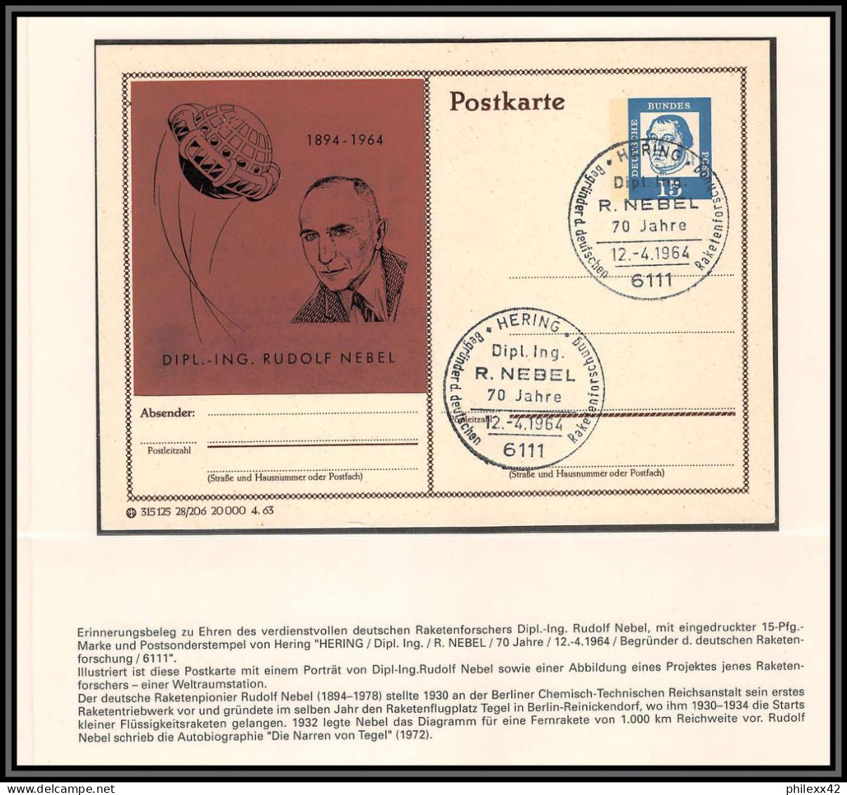 2735X Espace (space) Entier Postal (Stamped Stationery) Allemagne (germany Bund) Nebel Hering 12/4/1964 - Europe