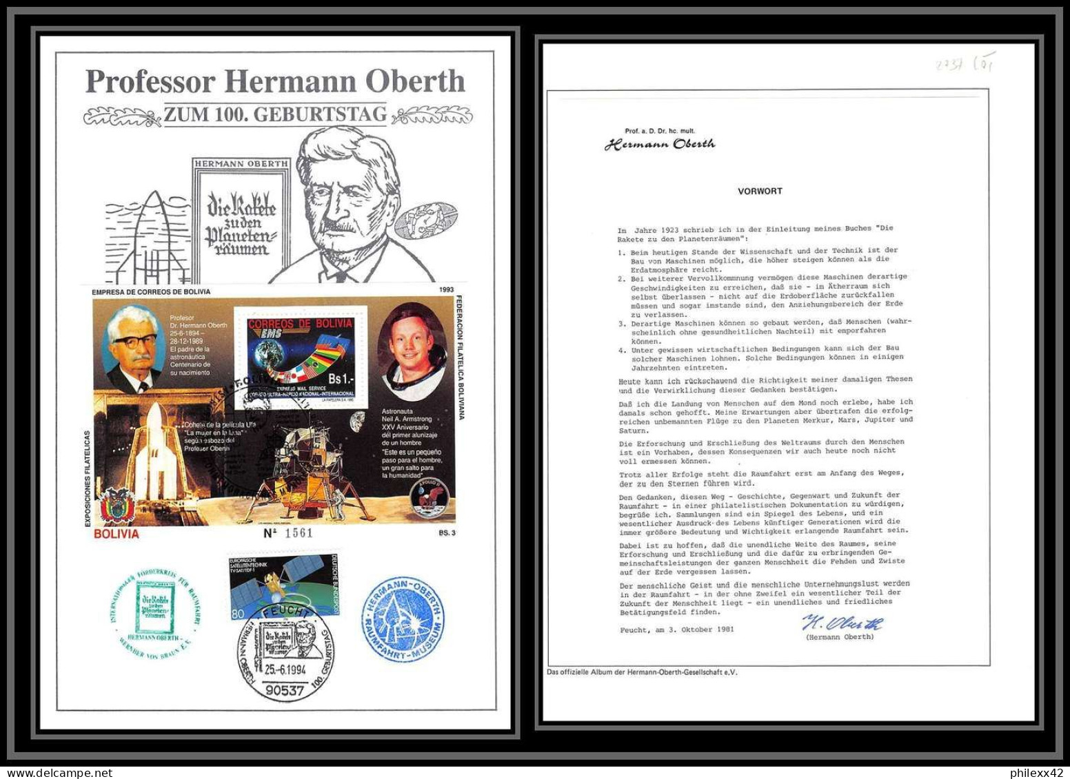 2737X Espace Space Raumfahrt Document Allemagne Bund Bolivie Bolivia 25/6/1994 Armstrong Oberth Certificat Gedenkblatt - Europe
