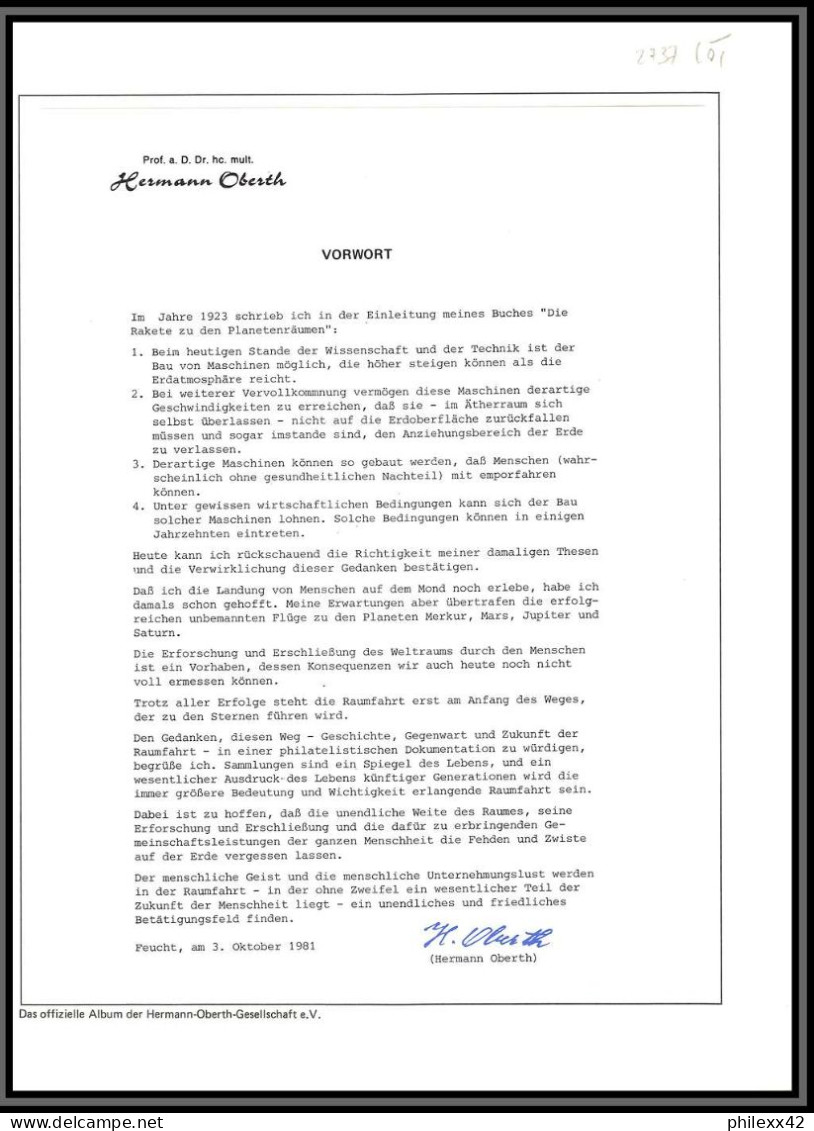 2737X Espace Space Raumfahrt Document Allemagne Bund Bolivie Bolivia 25/6/1994 Armstrong Oberth Certificat Gedenkblatt - Europe