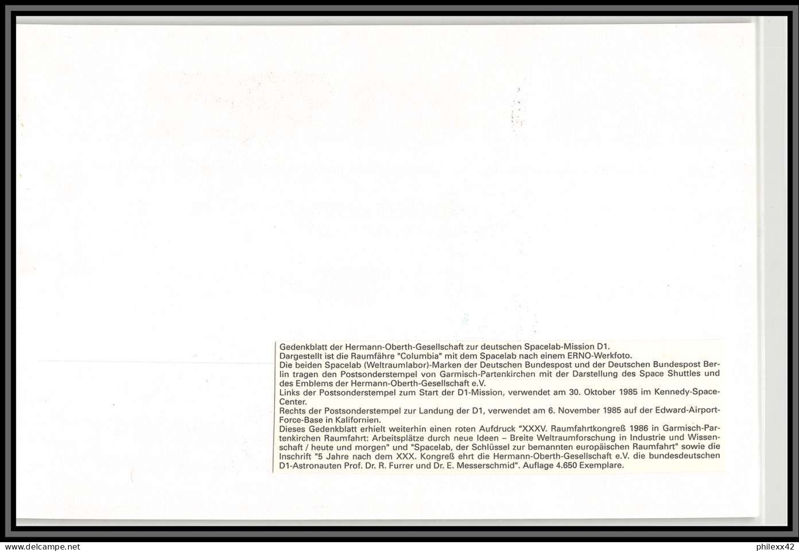 2748X Espace (space Raumfahrt) Document Gedenkblatt Allemagne (germany Bund) Usa Spacelab Shuttle (navette) Oberth 1985 - Europe