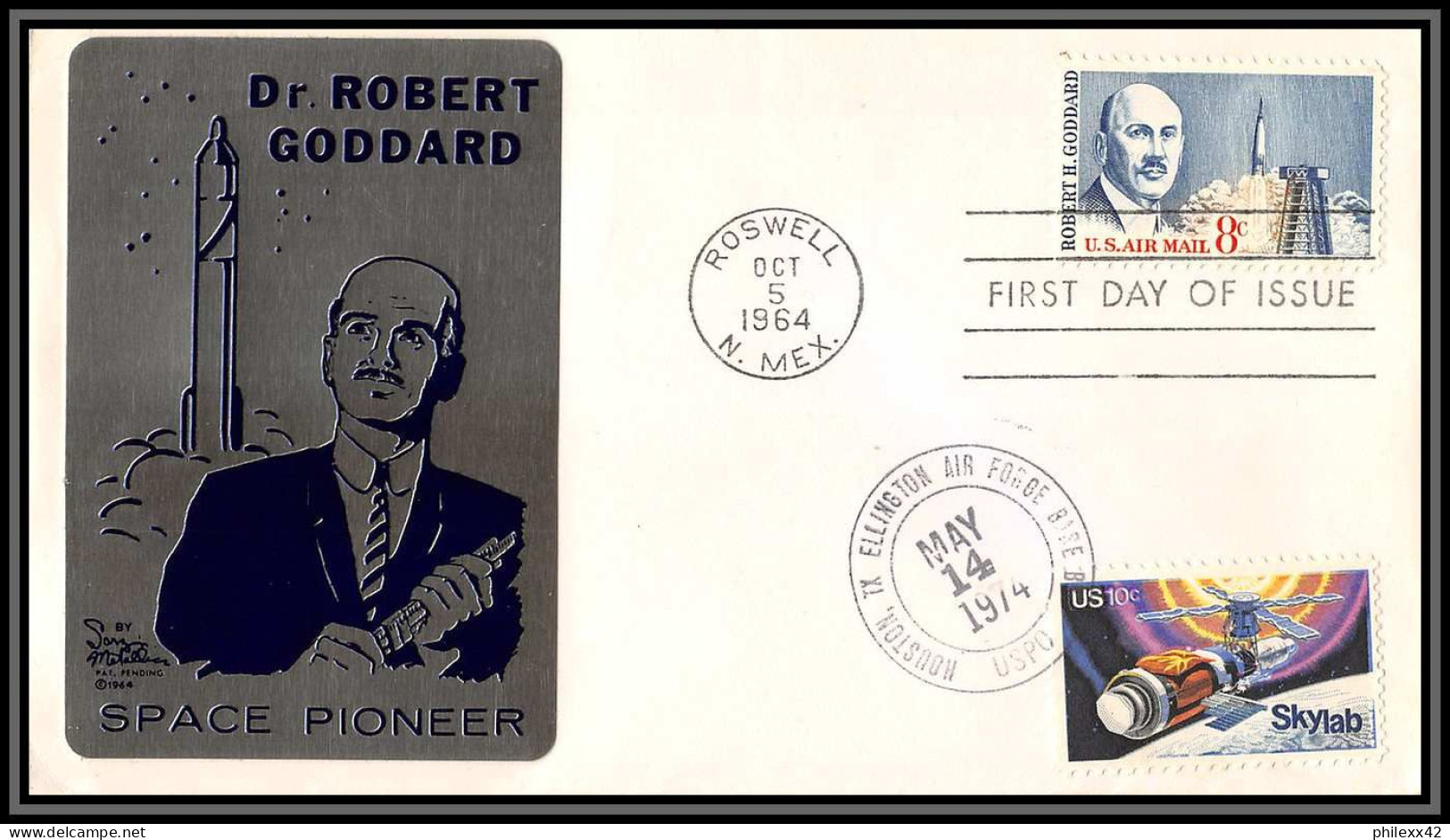 2718 Espace (space Raumfahrt) Lettre (cover Briefe) USA Robert Goddard Plaque Metal Pioneer 14/5/1974 Roswell Ellington - Estados Unidos