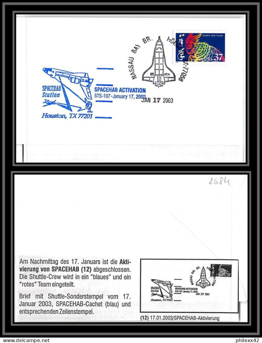 2684 Espace (space Raumfahrt) Lettre (cover) USA- Sts-107 Columbia Shuttle (navette) SPACEHAB Activation 17/1/2003  - Verenigde Staten