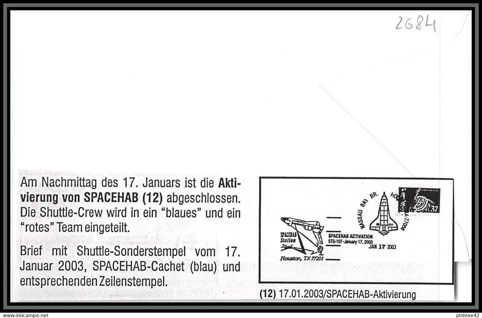 2684 Espace (space Raumfahrt) Lettre (cover) USA- Sts-107 Columbia Shuttle (navette) SPACEHAB Activation 17/1/2003  - Estados Unidos