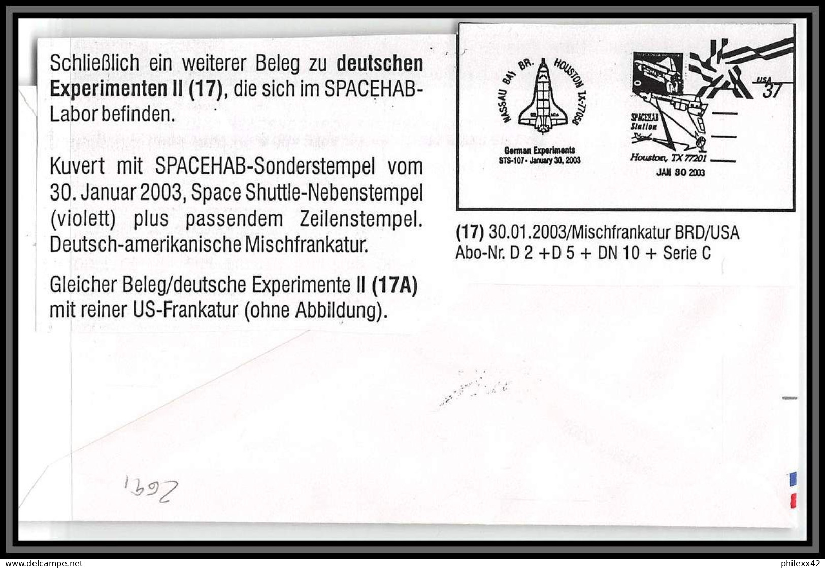 2691 Espace Spac) Entier Postal Stationery USA Sts-107 Columbia Shuttle 30/1/2003 German Experiments Allemagne Bund - Europe