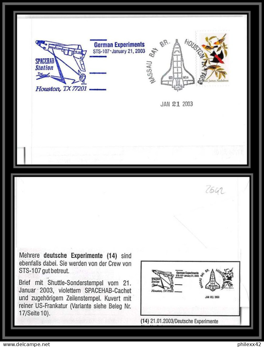 2692 Espace (space) Lettre (cover) USA Sts-107 Columbia Shuttle 21/1/2003 German Experiments Allemagne (germany Bund) - Estados Unidos