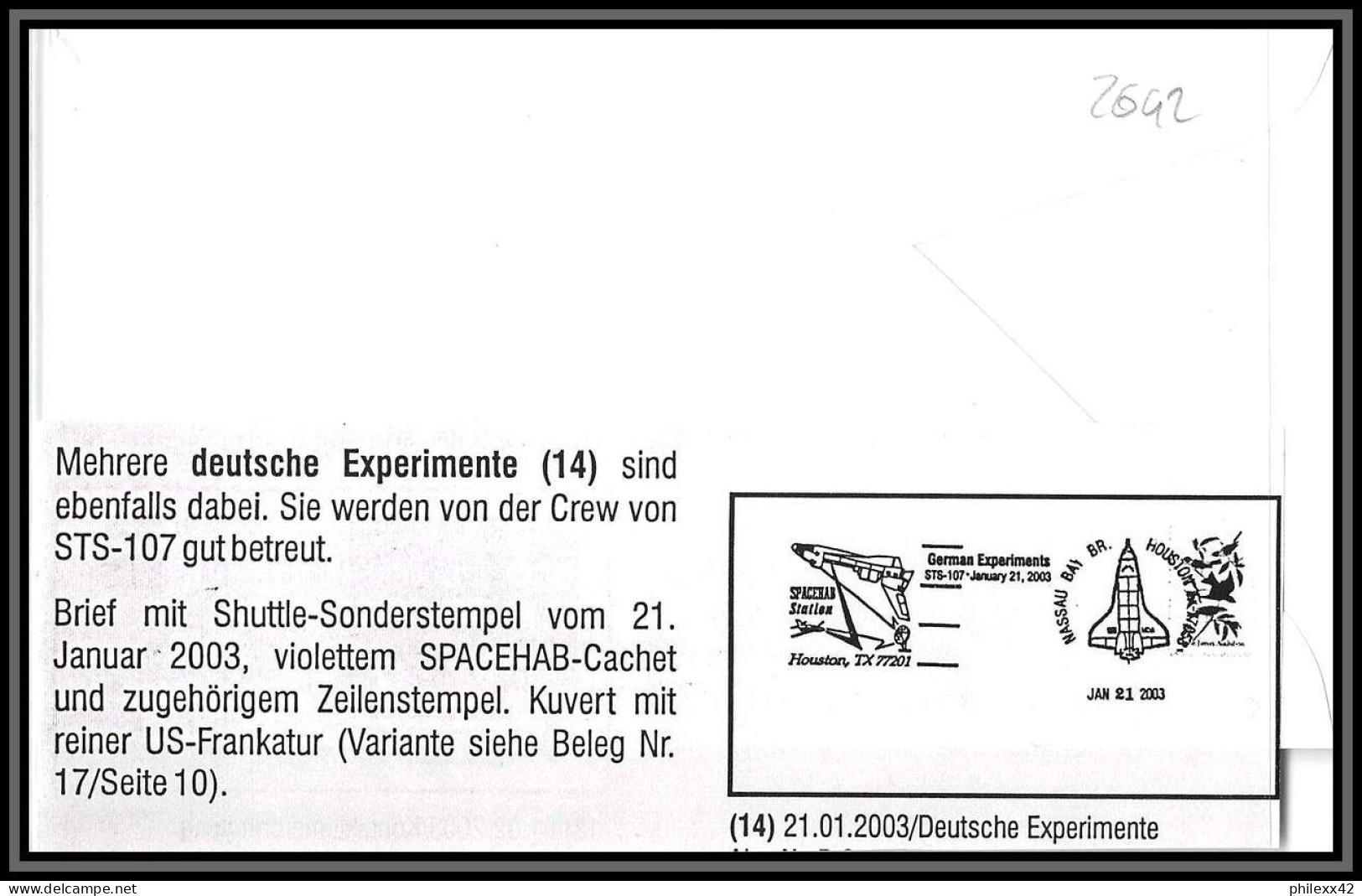 2692 Espace (space) Lettre (cover) USA Sts-107 Columbia Shuttle 21/1/2003 German Experiments Allemagne (germany Bund) - United States