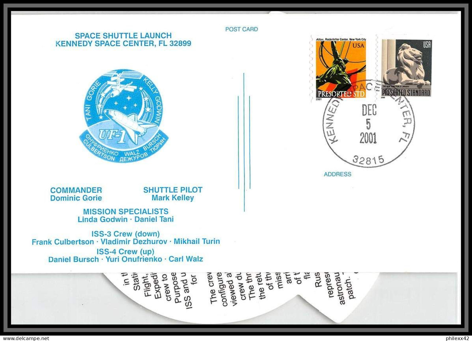 2641 Espace (space Raumfahrt) Lettre Cover USA- Endeavour Shuttle (navette) Start Sts-108 5/12/2001 Stickers Autocollant - USA