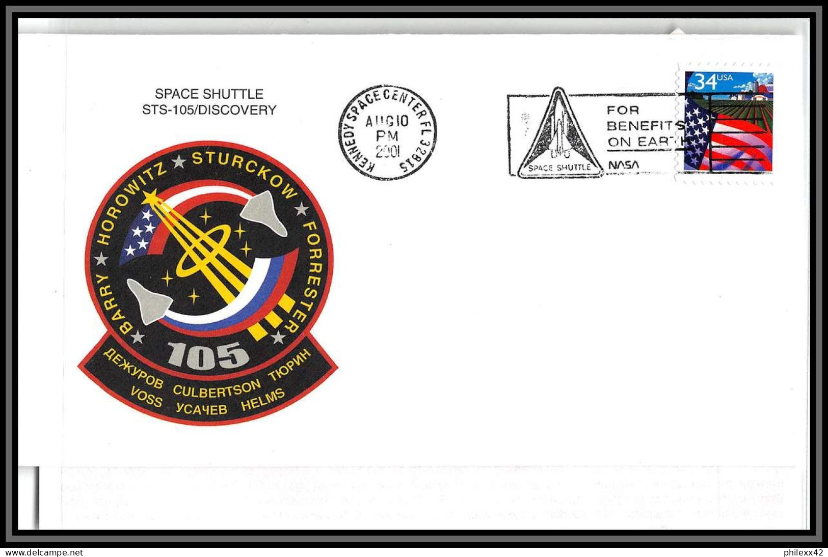 2628 Espace (space Raumfahrt) Lettre Cover USA Start Sts-105 Discovery Shuttle (navette) 10/8/2001 Stickers Autocollant - Etats-Unis