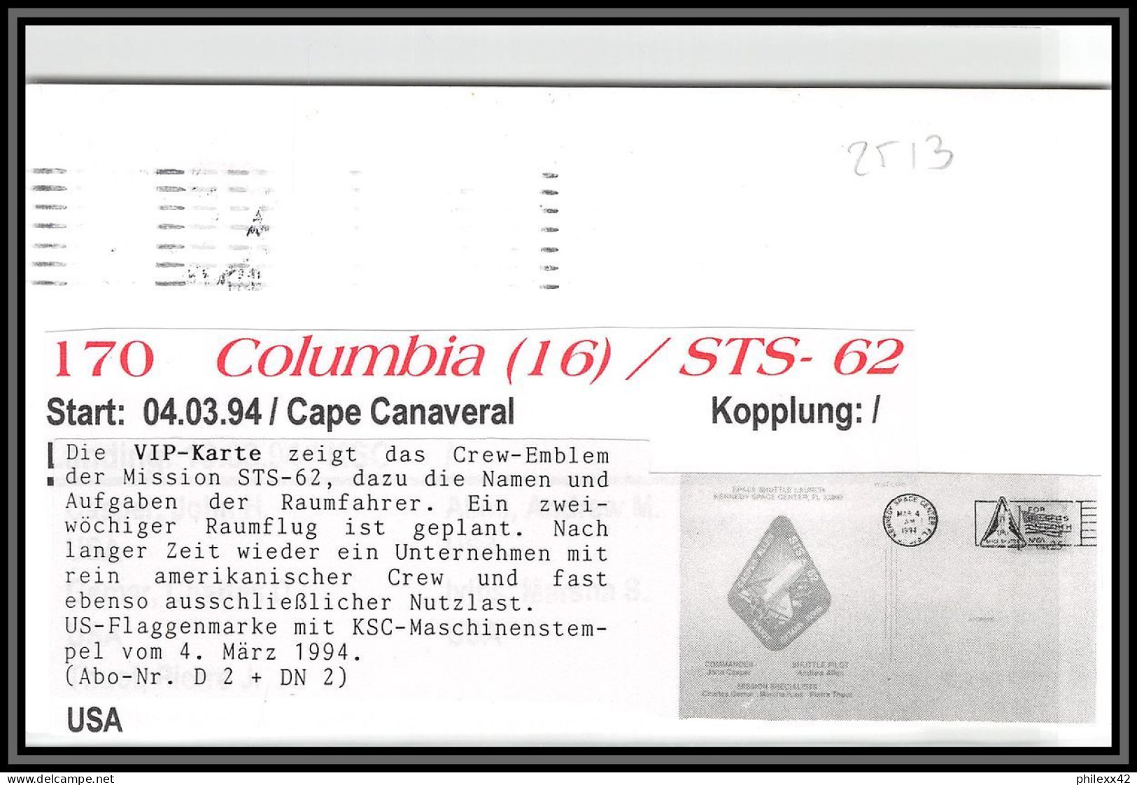 2513 Espace (space Raumfahrt) Lettre (cover Briefe) USA Columbia Shuttle (navette) Start Sts 62 4/3/1994 - Estados Unidos