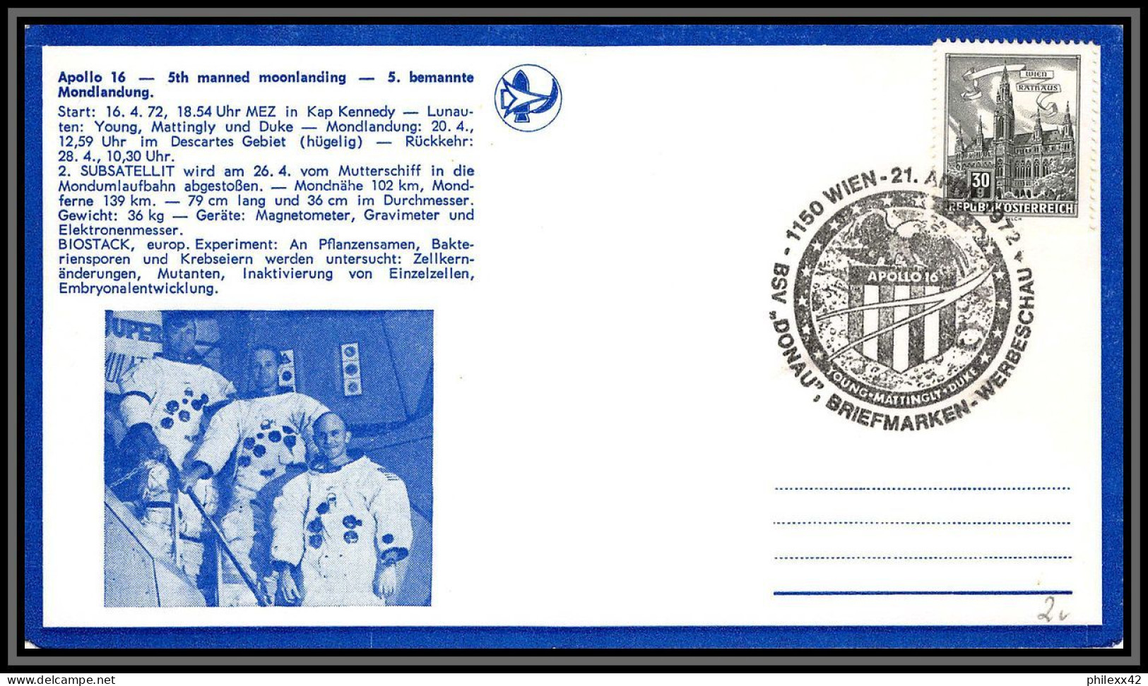 2412 Espace (space Raumfahrt) Lettre (cover Briefe) Autriche (austria) Apollo 16 21/4/1972 Moonlanding - Europe