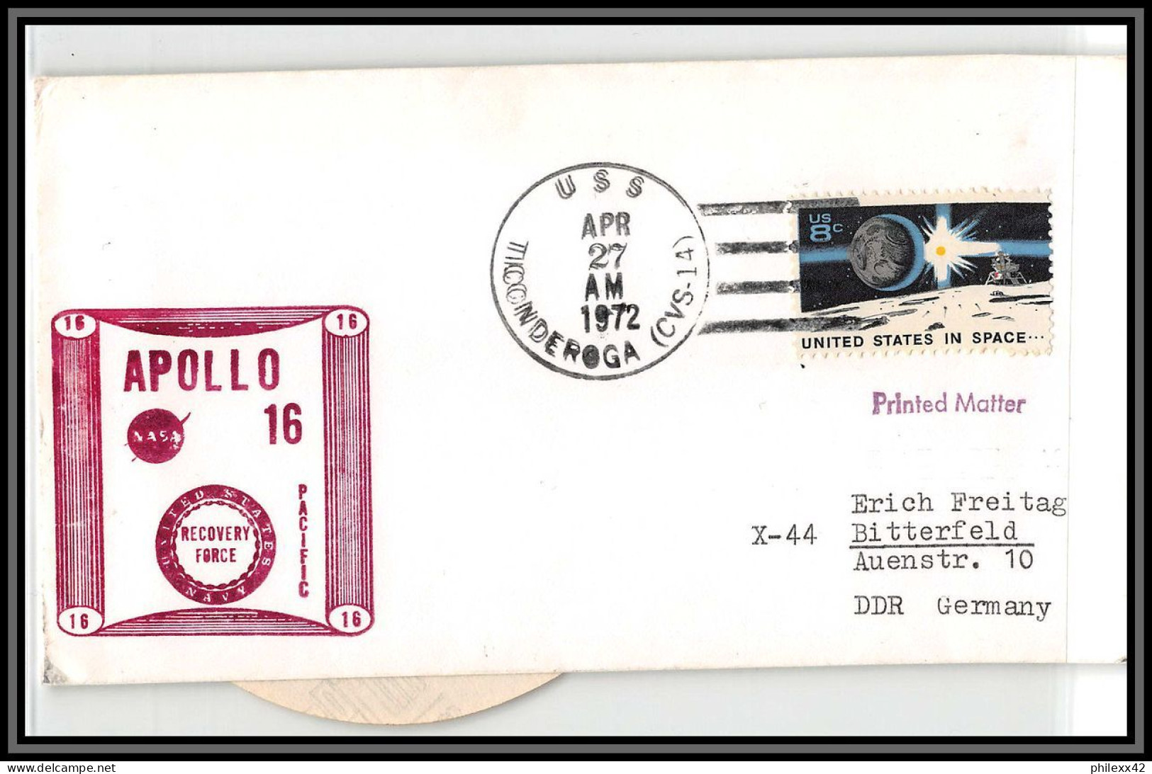 2413 Espace (space Raumfahrt) Lettre Cover USA Apollo 16 27/4/1972 Ticonderoga Pacific Recovery + Stickers (autocollant) - Verenigde Staten