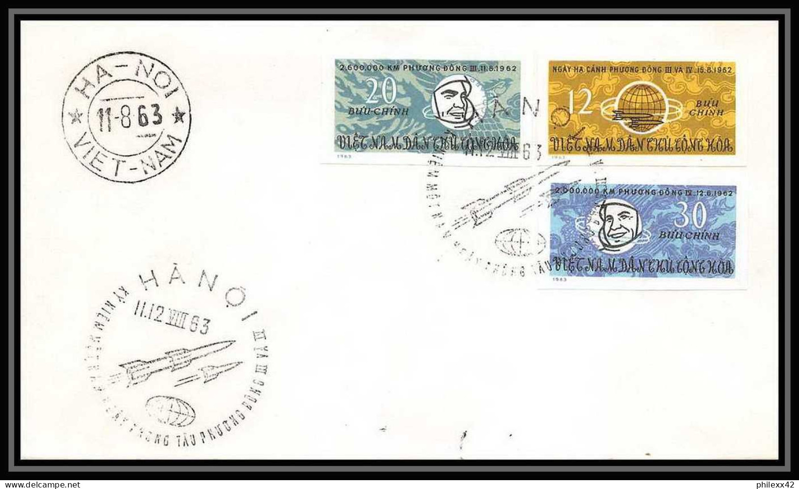 4116/ Espace (space) Lettre (cover Briefe) 11/8/1963 Michel VOSTOK N° 265/267 Non Dentelé (imperf) FDC Viet Nam Ha Noi - Azië