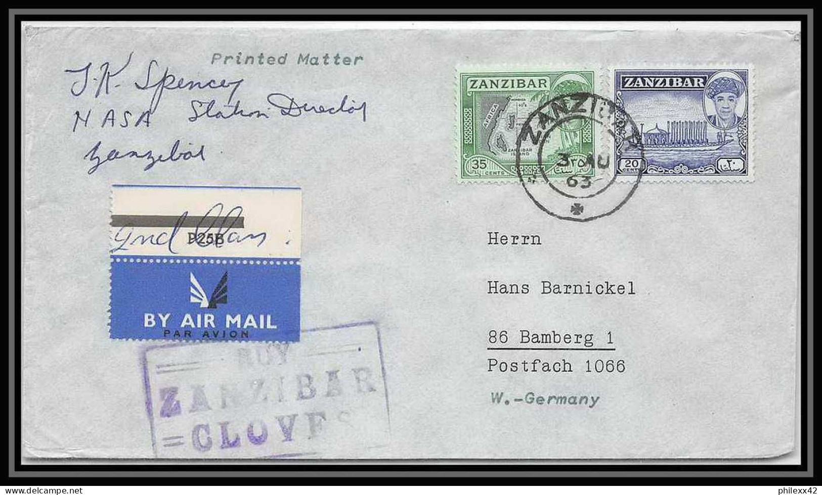 4051/ Espace Space Raumfahrt Lettre Cover Briefe Cosmos 3/8/1963 Spencey Nasa Zanzibar - Africa