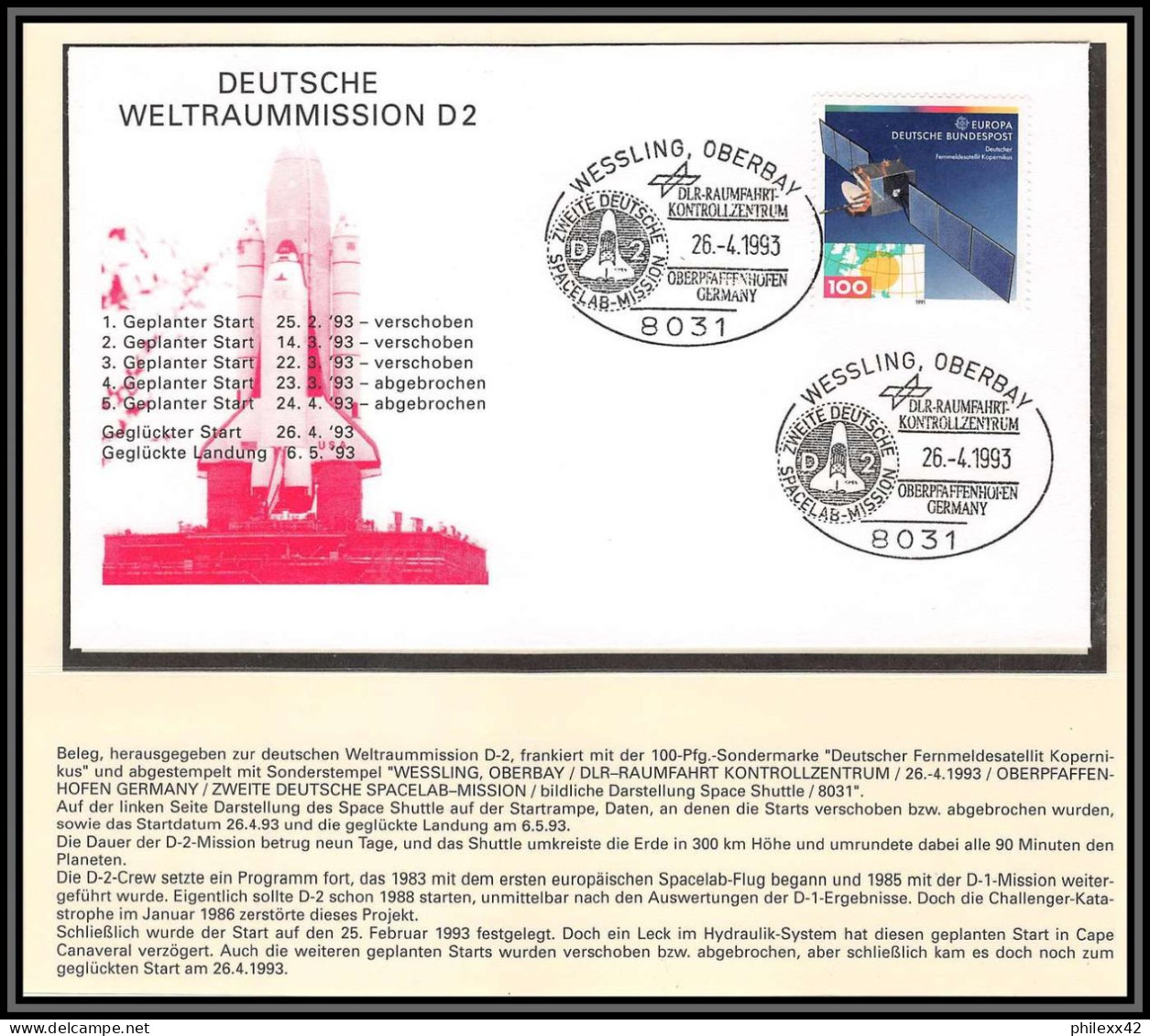 3770X Espace (space Raumfahrt) Lettre (cover) Allemagne (germany Bund) 26/2/1993 Deutsche Weltraumission D2 WESSLING - Europa