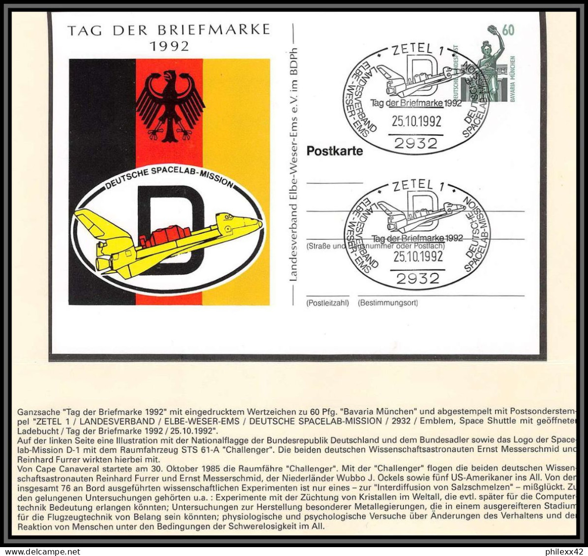 3766X Espace (space) Entier Postal Stationery Allemagne (germany Bund) 25/10/1992 Zetel 1 Tag Der Briefmarke - Europe