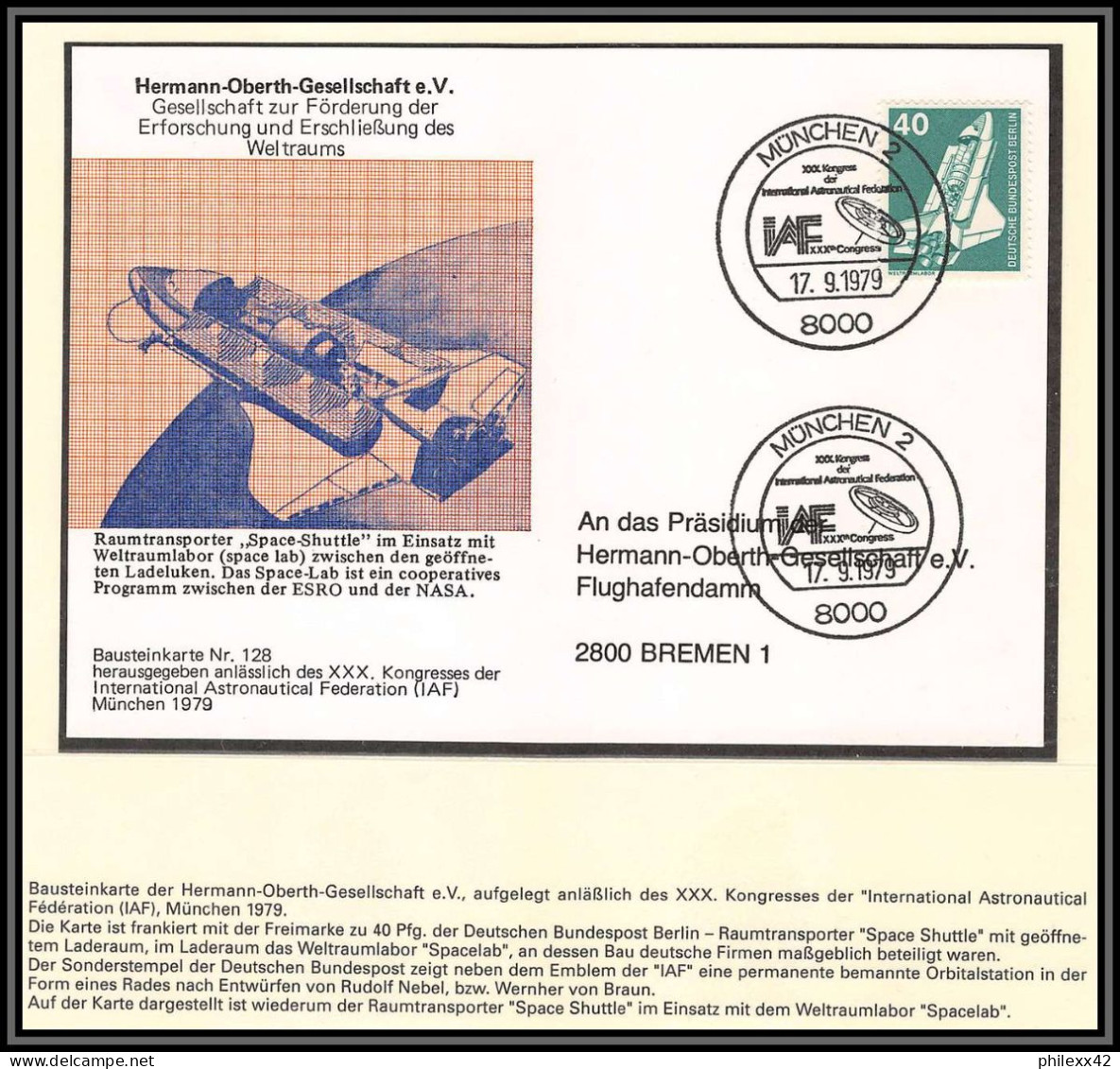 3765X Espace Space Raumfahrt Lettre Cover Briefe Cosmos Allemagne (germany Bund) 17/9/1979 Oberth Gesellschaft Munich 2 - Europe