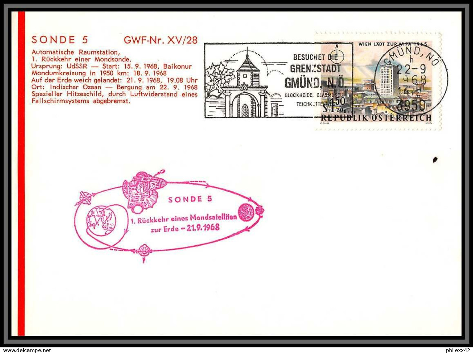 3727 Espace Space Raumfahrt Lettre Cover Briefe Cosmos Autriche (Austria) 21/9/1968 Sonde 5 - Europa