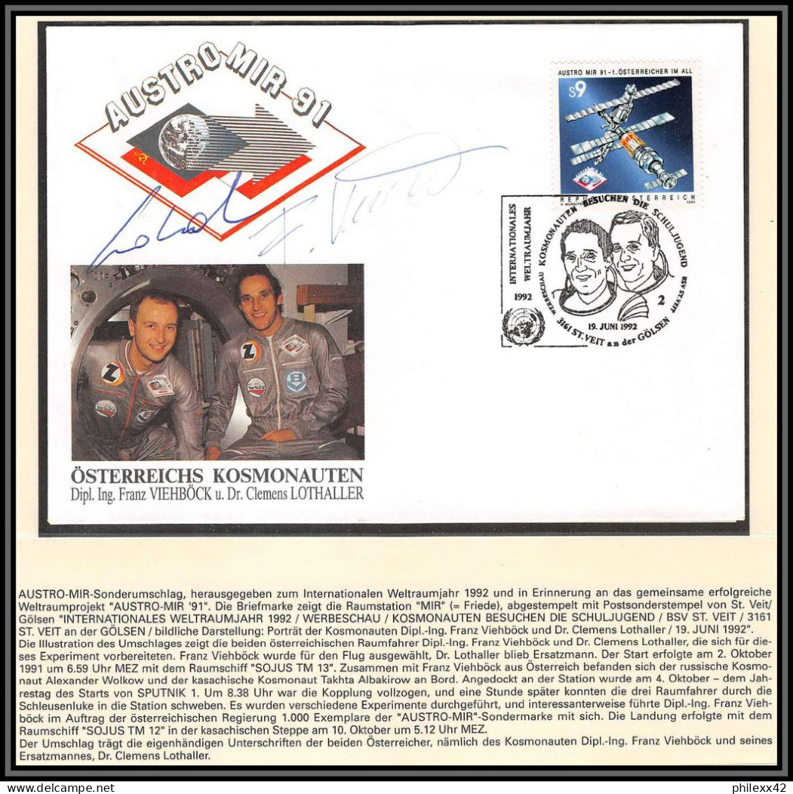 3636X Espace SpaceLettre Cover Signé Signed Autograph Viehböck And Lothaller Autriche Austria Austro Mir 1991 19/6/1992  - Europe