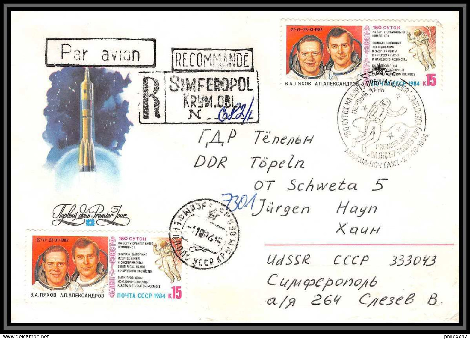 3583 Espace Space Raumfahrt Lettre Cover Russie (Russia Urss USSR) Soyuz (soyouz Sojus) T-9 5115 Fdc 11/18/1984 + Mnh ** - Rusia & URSS