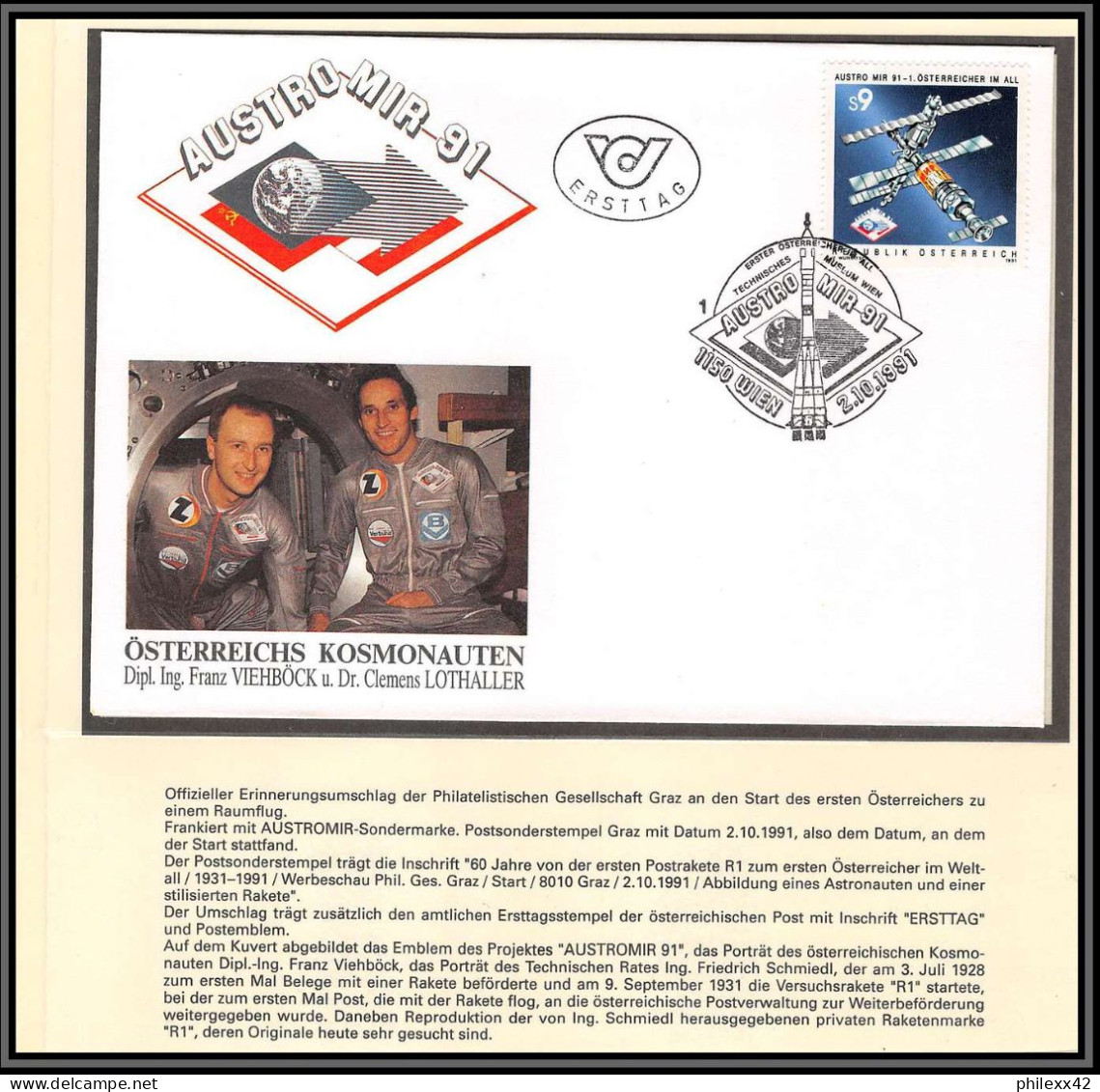 3630X Espace (space Raumfahrt) Collection Carte Maximum (card) Autriche (Austria) Austromir 2/10/1991 Iss  - Europe