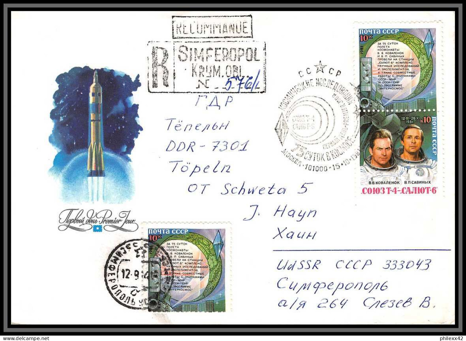 3564 Espace Space Lettre Cover Russie (Russia Urss USSR) Soyuz Soyouz Sojus Start T- 4 15/10/1981 Recommandé - Rusia & URSS