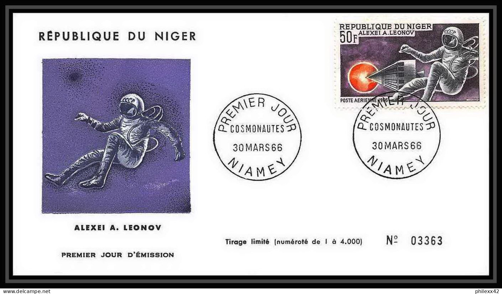 4950/ Espace Space Raumfahrt Lettre Cover Briefe Cosmos 30/3/1966 PA 56 /57 Leonov White FDC Niger - Africa