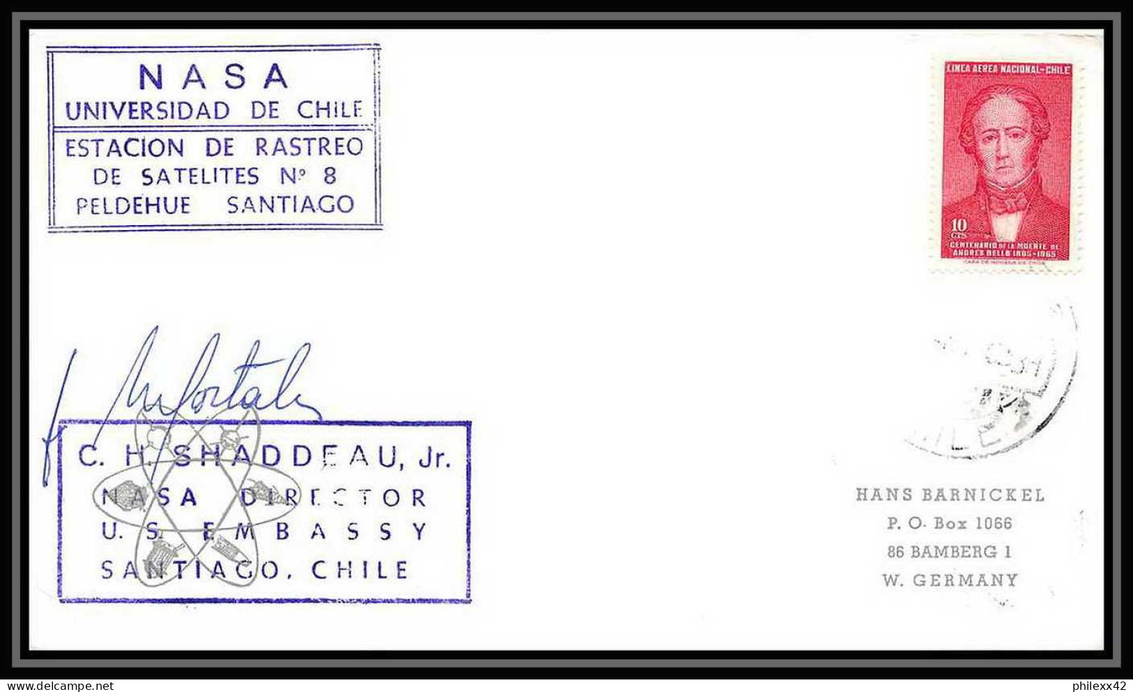 4679/ Espace Space Lettre Cover 23/6/1965 Signé Signed Nasa Estacion De Rastreo De Satellites N°8 Santiago Chili (chile) - Amérique Du Sud