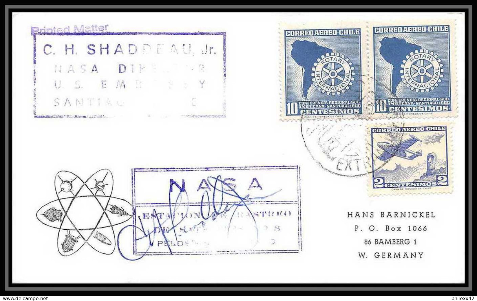 4678/ Espace Space Lettre Cover 23/6/1965 Signé Signed Nasa Estacion De Rastreo De Satellites N°8 Santiago Chili (chile) - Chile