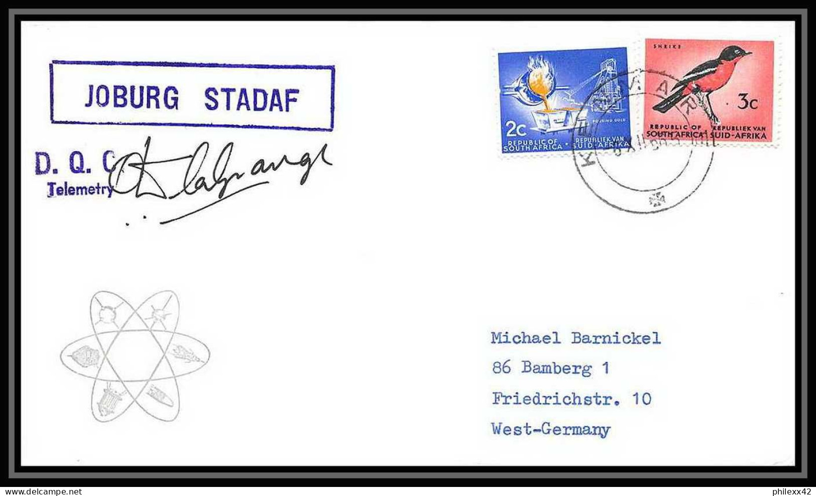 4656/ South African Space Agency Joburg STADAF Signé (signed Autograph) Espace Lettre Cover 6/12/1965 Afrique Du Sud - Afrika