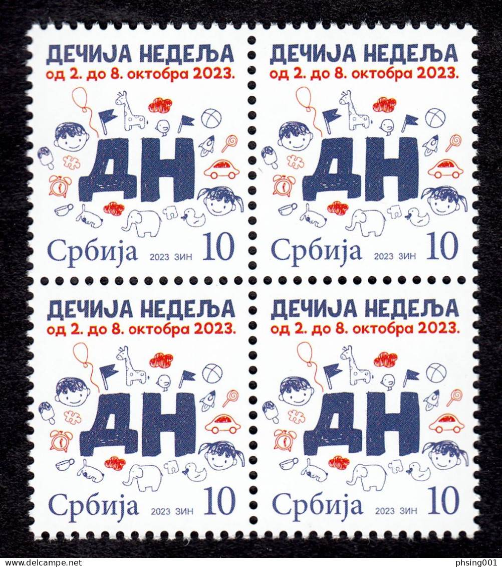 Serbia 2023 Children's Week Giraffes Birds Rocket Cars Ducks Elephants Dogs Fauna Tax Charity Surcharge, Block Of 4 MNH - Serbia