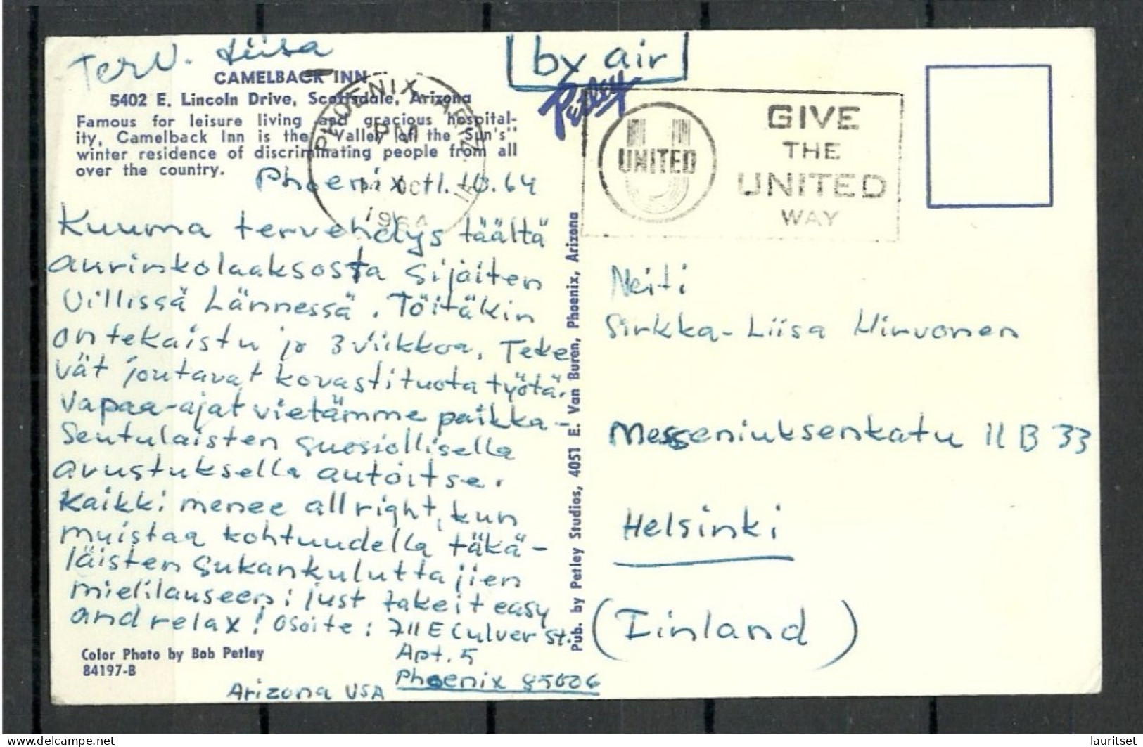 USA Camelback Inn Arizona, Used, O 1964, To Finland - Otros & Sin Clasificación