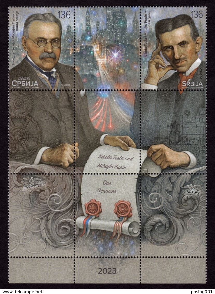 Serbia 2023 Nikola Tesla Mihajlo Pupin Inventors Sciences United States, Set With 7 Labels In Block Of 9 MNH - Serbien