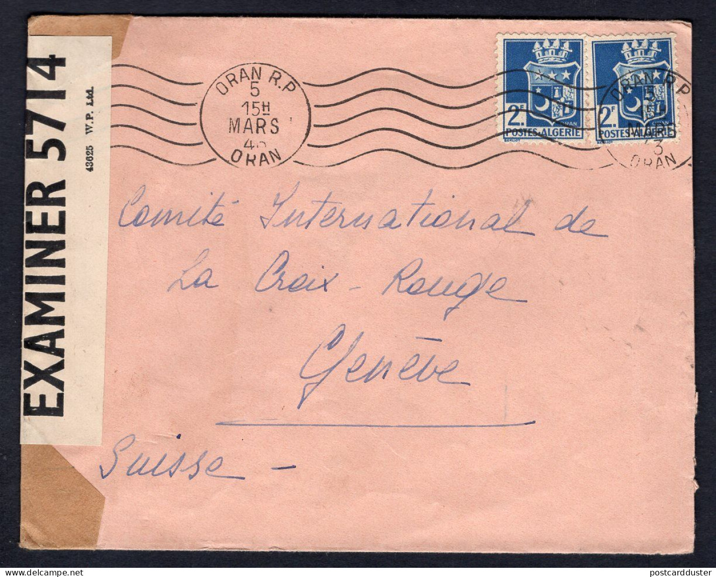 FRENCH ALGERIA Oran 1943 Censored Cover To Switzerland (p4071) - Brieven En Documenten