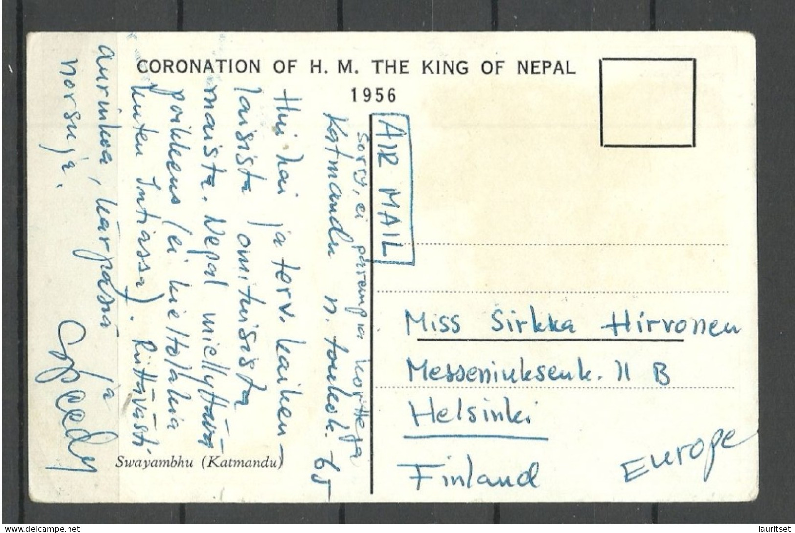 NEPAL Katmandu Coronation Of The King 1956 Post Card Sent To Finland. Rare Destination. Stamp Missing - Nepal