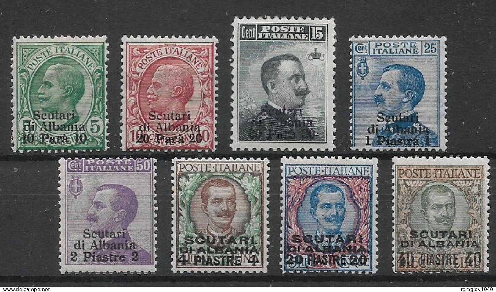 REGNO D'ITALIA LEVANTE  1909-1911 SCUTARI D'ALBANIA FRANCOBOLLI SOPRASTAMPATI SASS. 1-8 MLH  XF++++++ - Oficinas Europeas Y Asiáticas